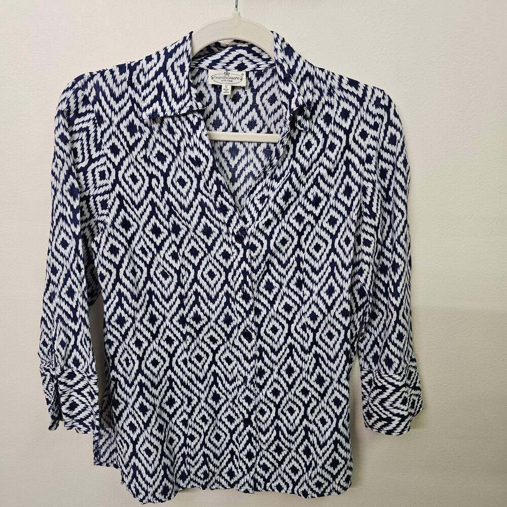 Navy and White Linen Blend Ikat Print Button Down Blouse Size S | Grand & Green - Picture 2 of 7